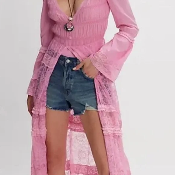 Free People Sweet Saloon Maxi Bodysuit Skirted Floral Mesh Lace BellSleeve Pink